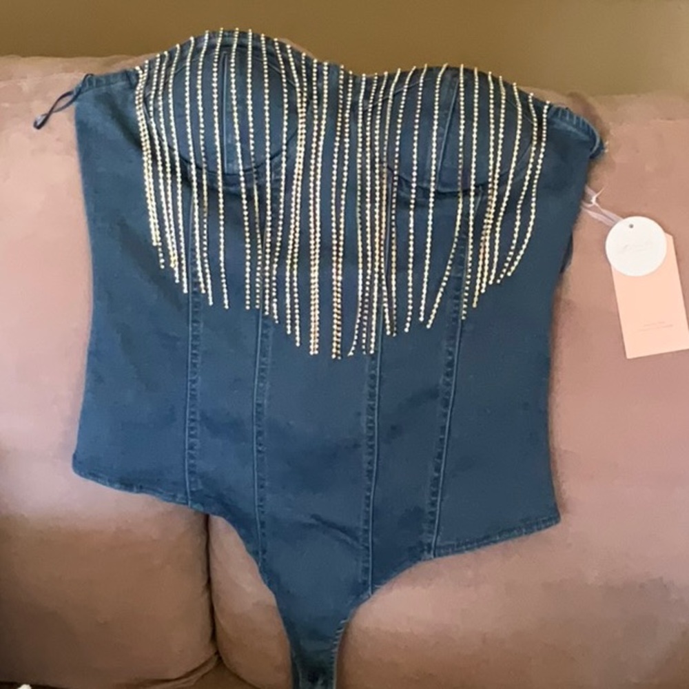 Blashe Denim Strapless Rhinestone Bodysuit